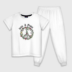 Пижама хлопковая детская Хиппи знак мира цветочный пастельный peace and lov, цвет: белый
