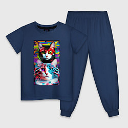 Пижама хлопковая детская Обалдевшие кот и кошка с разными глазами - поп-арт, цвет: тёмно-синий