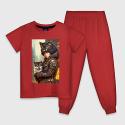 Пижама хлопковая детская Девчонка фурри с волчонком - стимпанк - нейросеть, цвет: красный