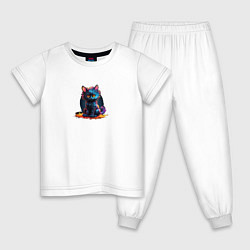 Пижама хлопковая детская Озорной неоновый котенок, цвет: белый