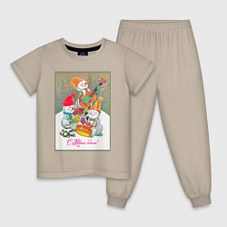 Пижама хлопковая детская Снеговики музыканты, цвет: миндальный