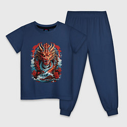 Пижама хлопковая детская Китайский дракон в воде, цвет: тёмно-синий