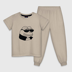 Пижама хлопковая детская Лягушонок пепе в очках мем, цвет: миндальный