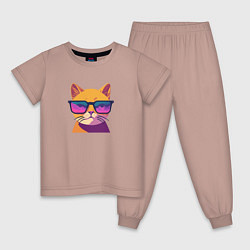 Пижама хлопковая детская Кот в стильных очках, цвет: пыльно-розовый