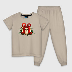 Пижама хлопковая детская Новогодний подарок сюрприз, цвет: миндальный