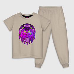 Пижама хлопковая детская Фиолетовый кот-индеец с ловцом снов, цвет: миндальный