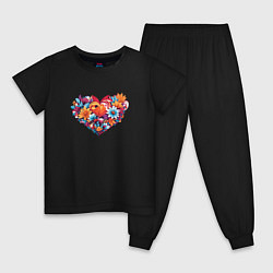 Пижама хлопковая детская Цветы в форме сердца, цвет: черный