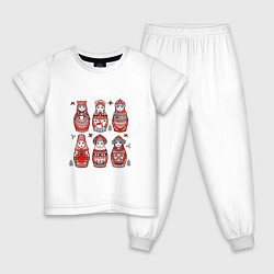 Пижама хлопковая детская Шесть матрешек в стиле мезенской росписи, цвет: белый