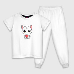 Пижама хлопковая детская Милая кошка с сердечком, цвет: белый