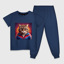 Пижама хлопковая детская Полосатый кот в спортивной куртке, цвет: тёмно-синий