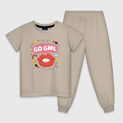 Пижама хлопковая детская Go girl lips, цвет: миндальный