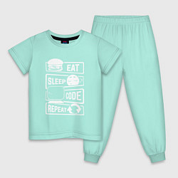 Пижама хлопковая детская Eat sleep code repeat арт, цвет: мятный