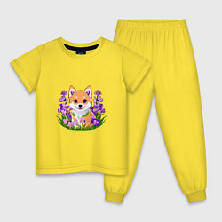 Детская пижама Щенок Сибу-ину среди сиреневых цветов