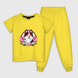 Пижама хлопковая детская Колли среди цветов сакуры, цвет: желтый