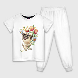Пижама хлопковая детская Мопс с букетом, цвет: белый