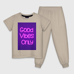 Пижама хлопковая детская Неоновая надпись good vibes only и кирпичная стена, цвет: миндальный