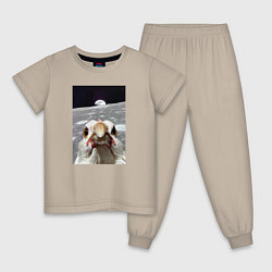 Пижама хлопковая детская Курица селфи на луне, цвет: миндальный