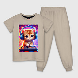 Пижама хлопковая детская Cutie kitten DJ - neon glow, цвет: миндальный