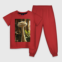 Пижама хлопковая детская Кот с длинной шеей, цвет: красный