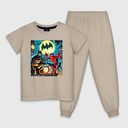 Пижама хлопковая детская Batman with Spider-man - ai art fantasy, цвет: миндальный