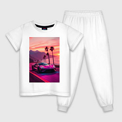 Пижама хлопковая детская Суперкар едет около океана, цвет: белый