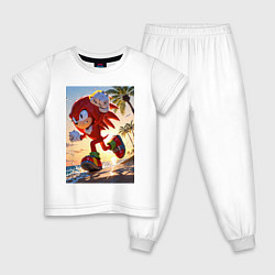 Пижама хлопковая детская Ехидна Наклз бежит по пляжу с пальмами, цвет: белый