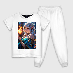 Пижама хлопковая детская Прекрасная эльфийка-маг с шаром огня, цвет: белый