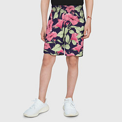 Шорты детские Цветы Розовые Гибискусы На Тёмно-Синем Фоне, цвет: 3D-принт — фото 2