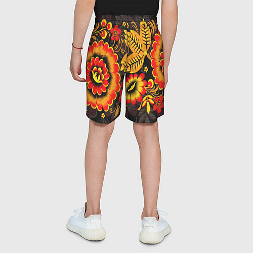 Детские шорты Хохломская Роспись Цветы На Тёмном Фоне / 3D-принт – фото 4