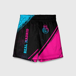 Шорты детские Real Madrid - neon gradient: символ и надпись верт, цвет: 3D-принт