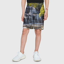 Шорты детские Водопад, солнечные лучи и лес, цвет: 3D-принт — фото 2