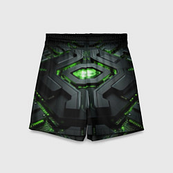 Детские шорты Объемная абстрактная яркая зеленая фигура на черно