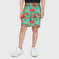 Шорты детские Красные маки и бабочка монарх, цвет: 3D-принт — фото 2