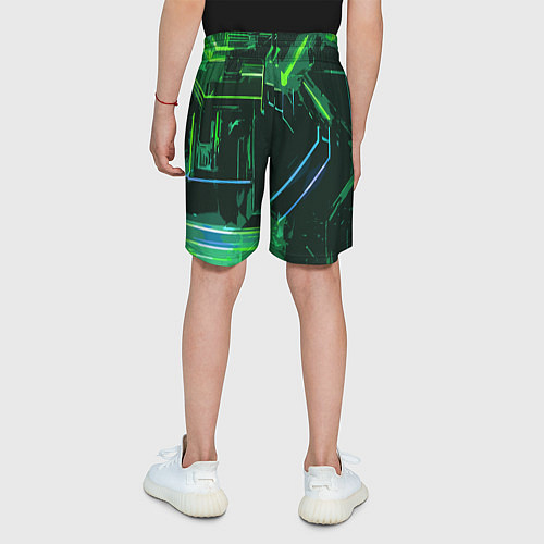 Детские шорты Зелёно-голубые полосы на чёрном фоне / 3D-принт – фото 4