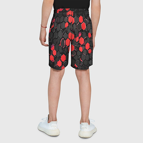 Детские шорты Красно-серые шестиугольники на чёрном фоне / 3D-принт – фото 4