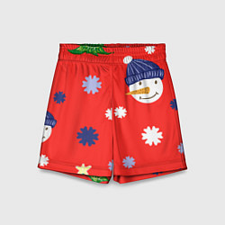 Шорты детские Новогодний узор со снеговиком и снежинками, цвет: 3D-принт