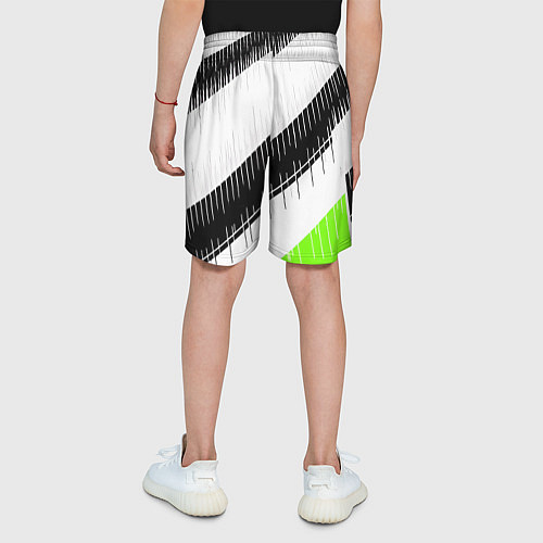 Детские шорты Диагональные чёрно-белые полосы на зелёном фоне / 3D-принт – фото 4
