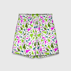 Шорты детские Разноцветные неоновые треугольники на белом фоне, цвет: 3D-принт