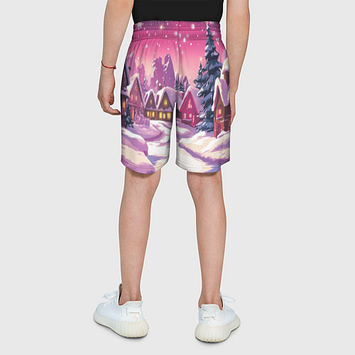 Детские шорты Новогодние домики и фиолетовый закат / 3D-принт – фото 4