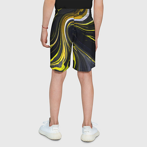 Детские шорты Волнистые бело-жёлтые линии на чёрном фоне / 3D-принт – фото 4