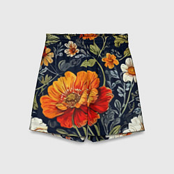 Шорты детские Маки и пионы старинный паттерн, цвет: 3D-принт