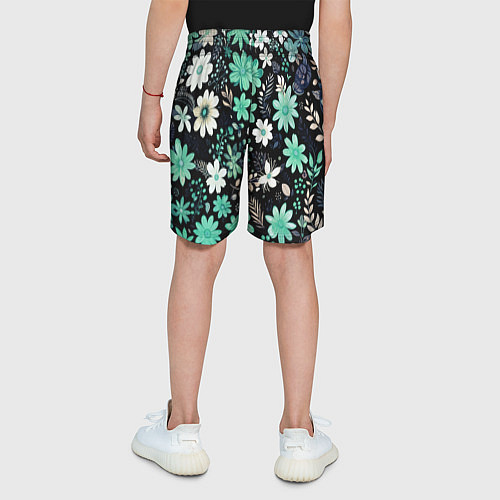 Детские шорты Чёрный в зелёный цветочек стилизованный / 3D-принт – фото 4