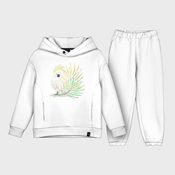 Детский костюм оверсайз Белый попугай с хохолком на фоне листьев пальмы, цвет: белый