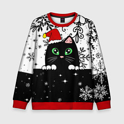 Свитшот детский Новогодний кот в колпаке Санты, цвет: 3D-красный