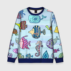 Свитшот детский Кит, черепаха, акула и другие обитатели океана, цвет: 3D-синий