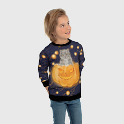 Свитшот детский Котик в тыкве, хеллоуин, цвет: 3D-черный — фото 2