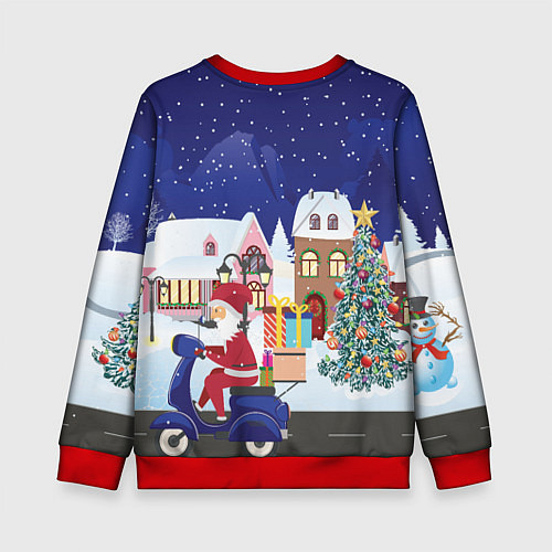 Детский свитшот Дед Мороз едет на скутере с подарками в Новогоднюю / 3D-Красный – фото 2