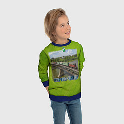 Свитшот детский Кирово-Чепецк - узкоколейный поезд едет по мосту, цвет: 3D-синий — фото 2