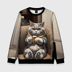Свитшот детский Кот сидит на диване с напитком, цвет: 3D-черный
