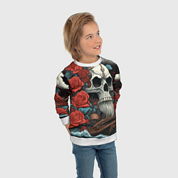 Свитшот детский Череп викинга на корабле с розами в стиле тату ире, цвет: 3D-белый — фото 2